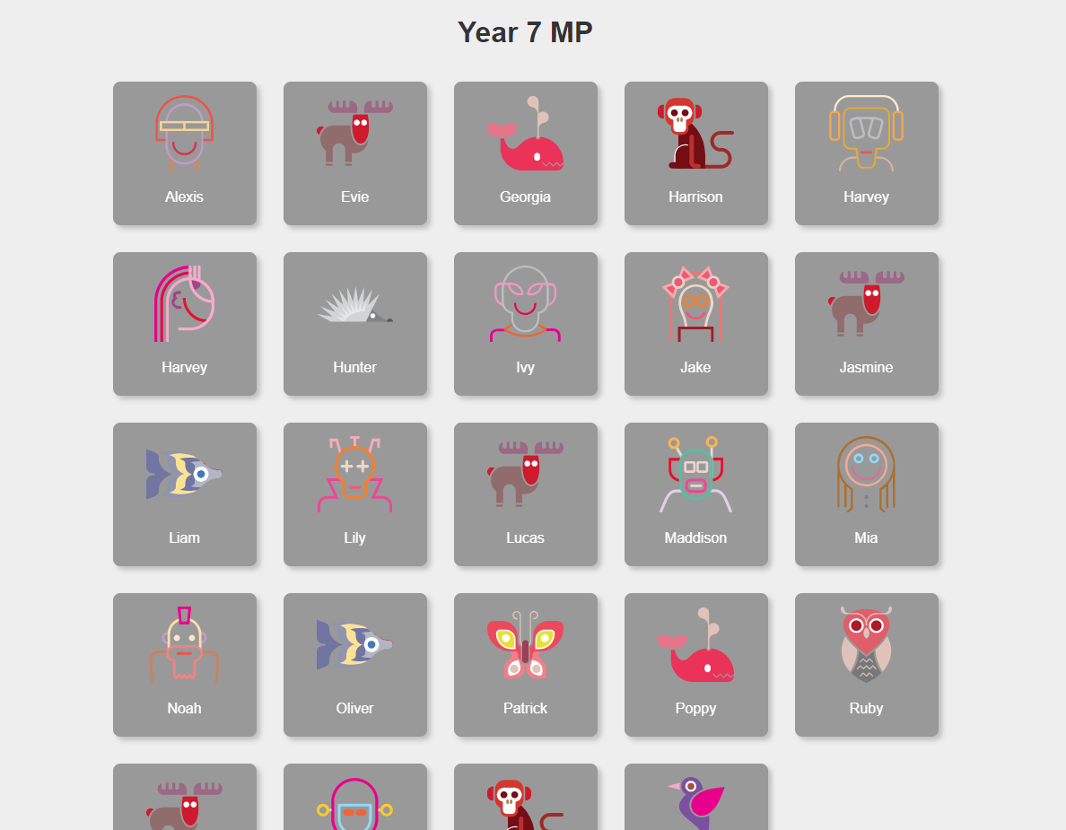 A student login page, where students select their own icon to log in.