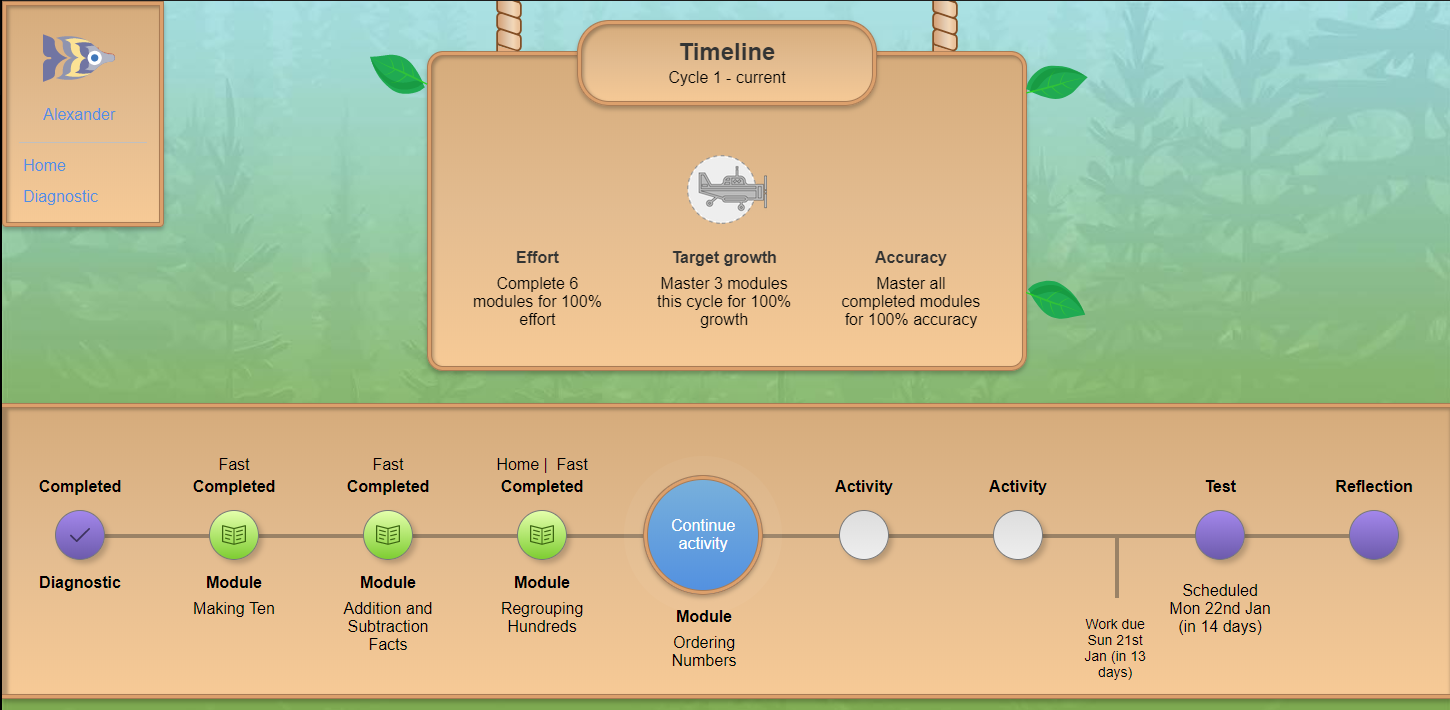 A student's timeline, the homepage that students use to access new work, look over previous work, see when the next test is scheduled, and more.