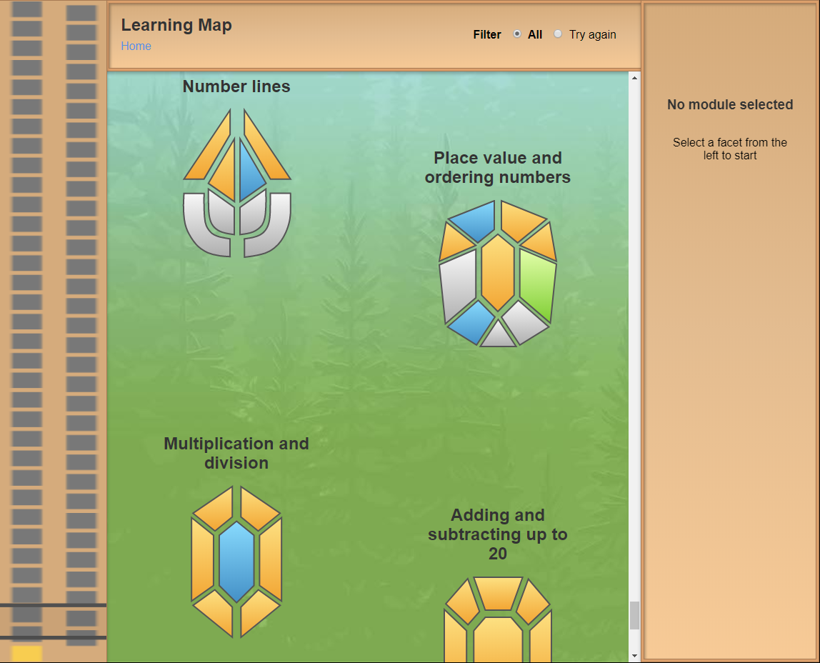 Learning Maps show the modules that students have access to as well as the gems which show the key concepts that group individual modules